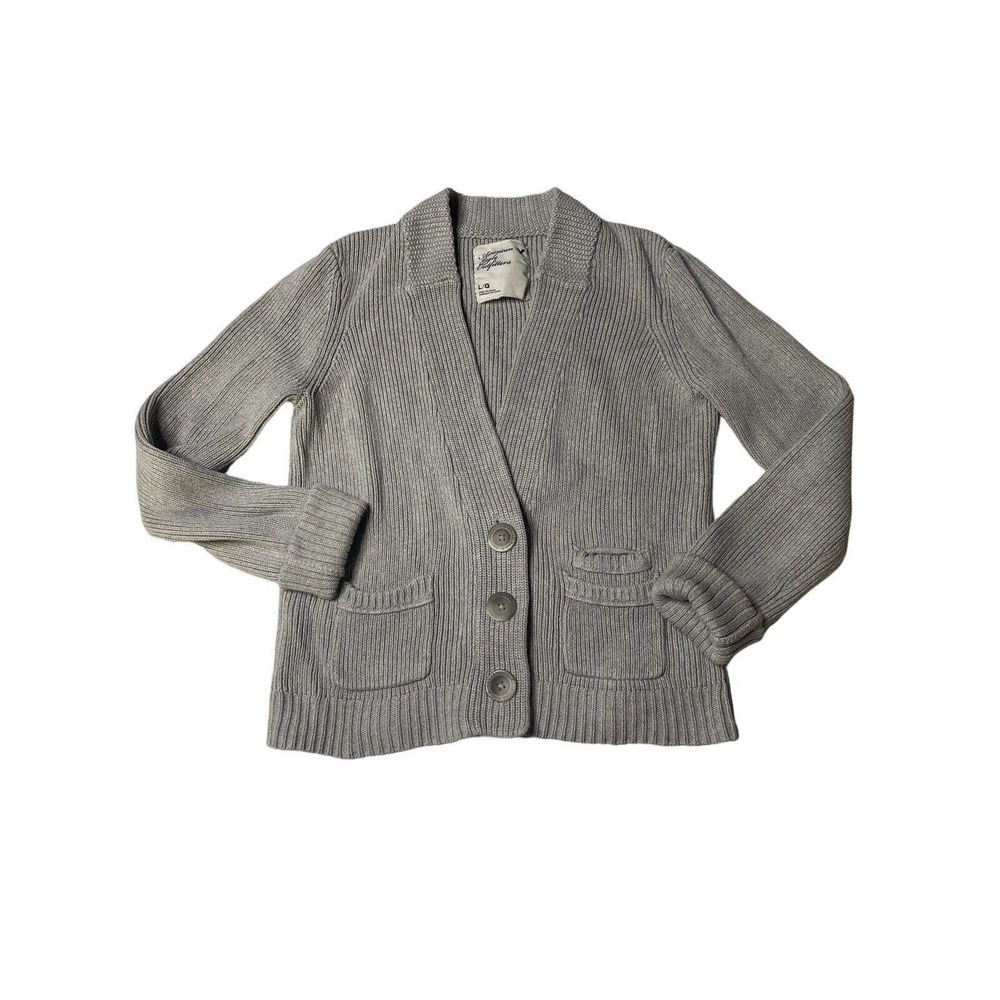American Eagle SZ L Chunky Knit Cardigan Sweater Gray V Neck Button Pocket